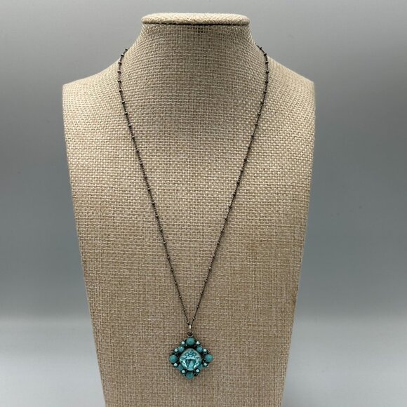 Anne Koplik Designs Necklace Turquoise Blue Rhinestone Pendant Boho Glam Jewelry - Picture 2 of 10